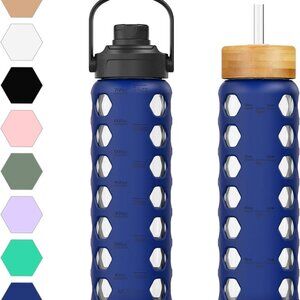 24oz Glass Water Bottle with 2 Lids-Handle Flip Lid&Bamboo Straw Lid,Motivationa